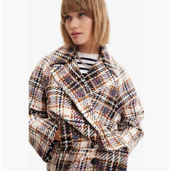 DESIGUAL Cream Black Neon Colorful Plaid Tweed Oversized Heavy Duke Coat Small - Picture 4 of 12